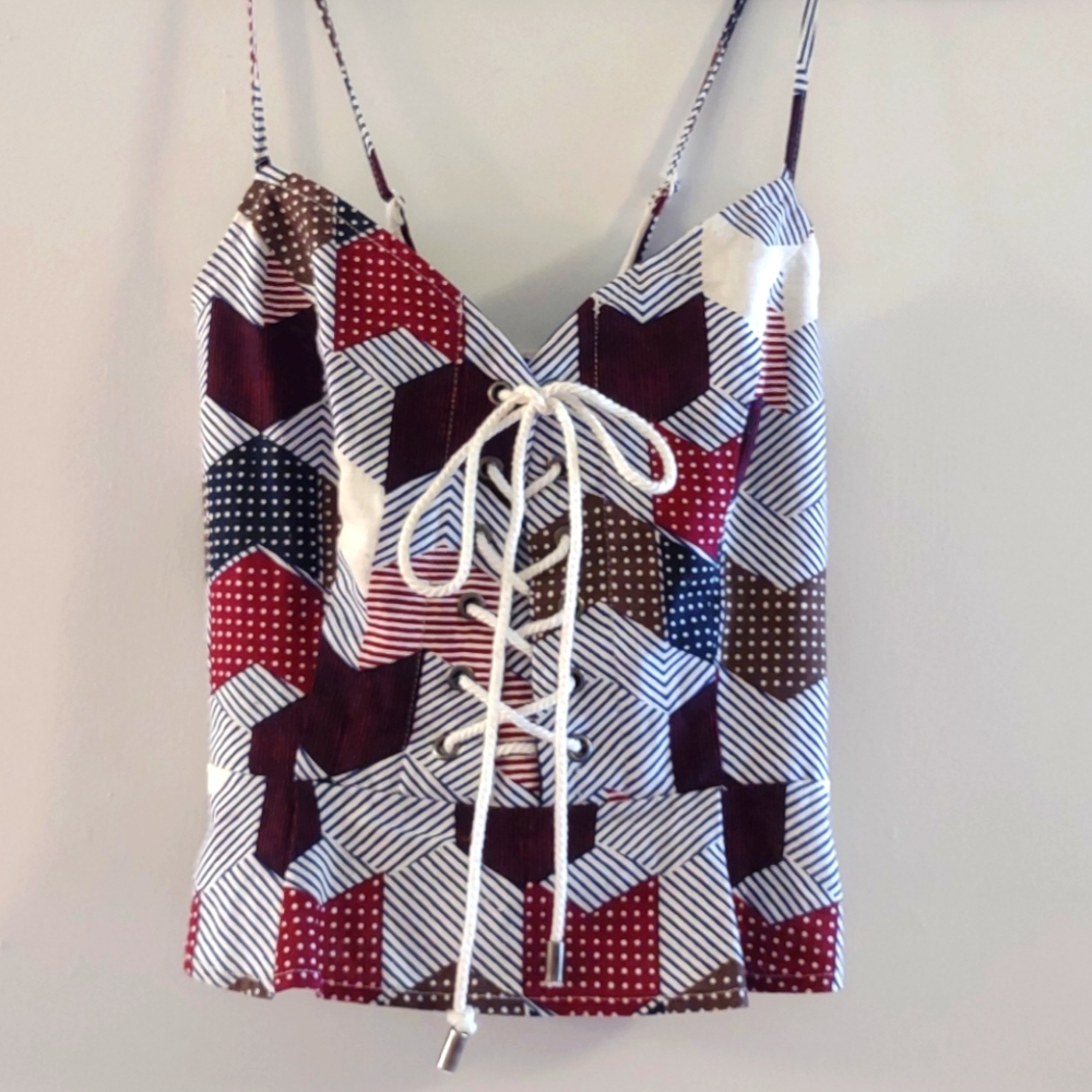 Free People patchwork smocked back lace up top